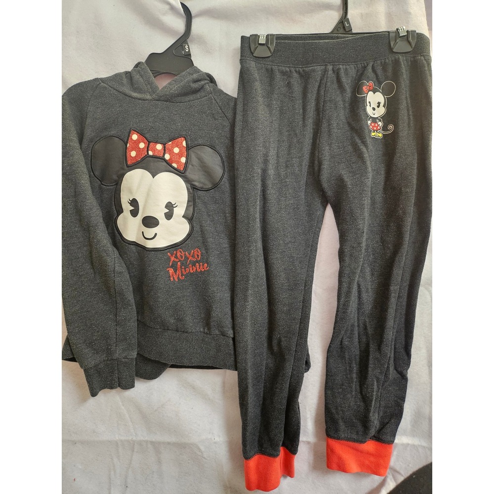 Disney Store Minnie Mouse Hoodie and Joggers Set Gray Red Girls 7/8 1114